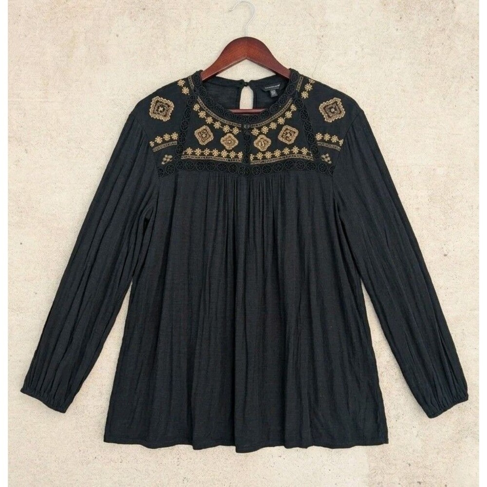LUCKY BRAND Black Gold Beaded Embroidered Crochet Lace Long Sleeve Top Size 3X